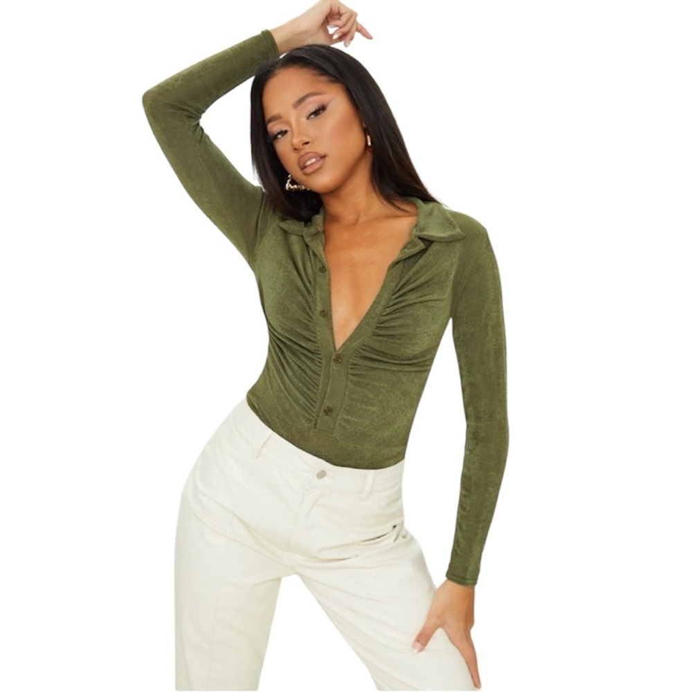 PRETTYLITTLETHING Olive Long Sleeve Bodysuit SIZE 8